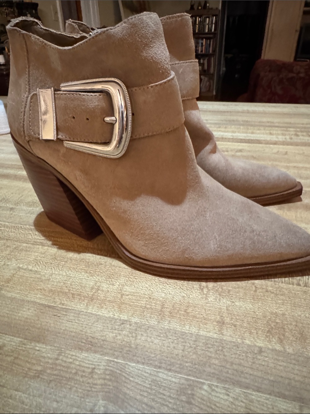 Vince Camuto Taupe Suede Buckle Ankle Boots